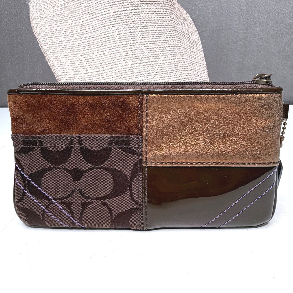 Vintge Y2K Coach Signature Patchwork Wristlet Wallet Brown Mixed Leather Suede